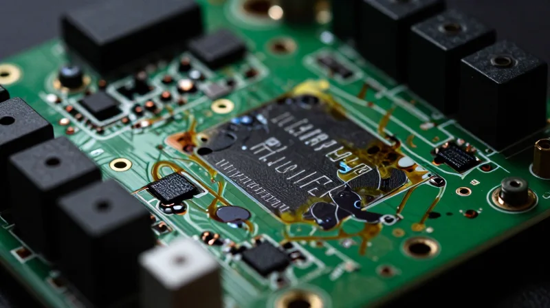 The Hidden Costs of Low-Reliability BMS Hardware A conceptual image showing a complex circuit board with visible signs of aging and burning, representing the hidden costs of component fragility.