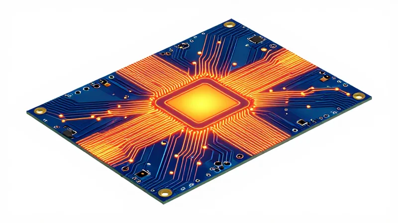 Advanced Thermal Management: Protecting the Heart of the Fleet Heat map conceptual view of a PCB board highlighting thermal management solutions and heat dissipation.