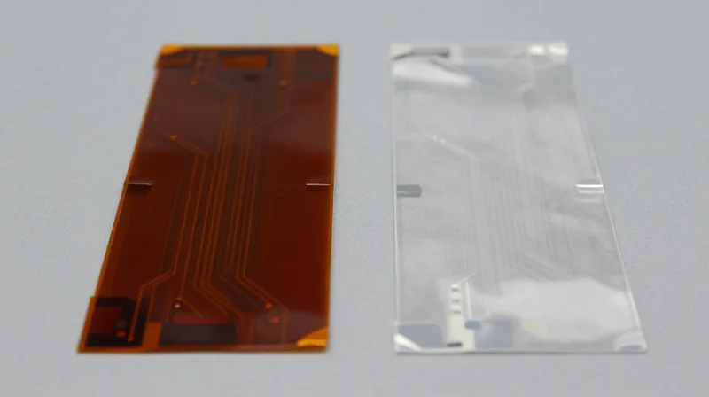 Evaluating Substrate Materials: Polyimide vs. Polyester Side-by-side comparison of two flexible circuit material samples showing distinct texture and color properties.
