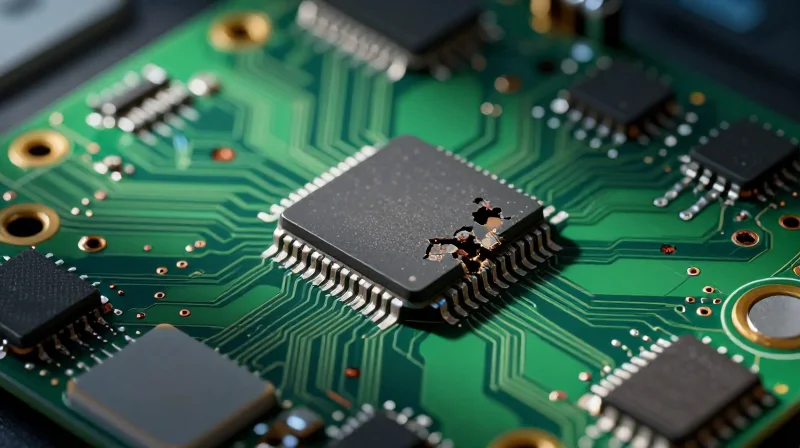 The High Cost of Reliability Failure Conceptual image representing industrial failure and financial loss, focused on a damaged circuit board component with dark, moody lighting.