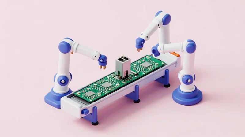 Optimizing SMT Assembly for Longevity Isometric view of an automated SMT assembly line in a clean high-tech factory.