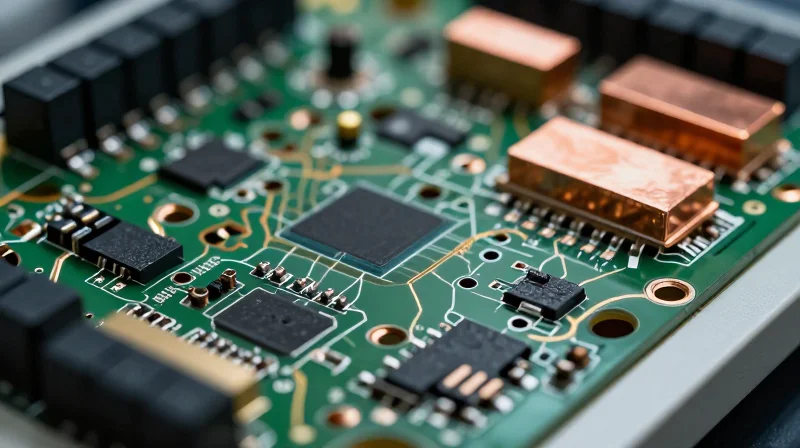 Thermal Management in Confined Enclosures A complex PCB board showing heat dissipation patterns with glowing thermal vias and heat sinks.