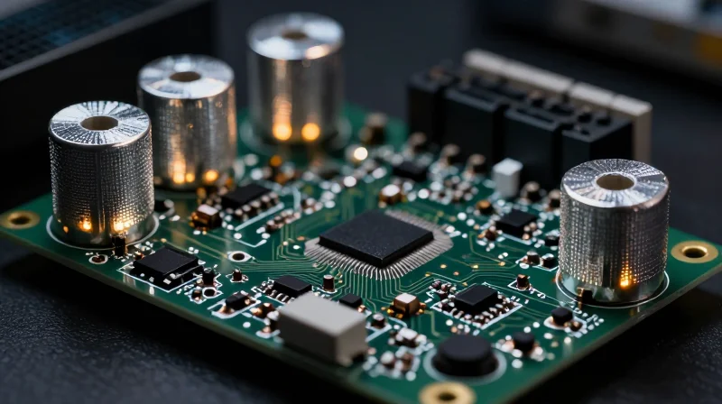 Signal Integrity and Electromagnetic Compatibility (EMC) High-tech PCB showing electromagnetic interference shielding components in a clean lab environment.