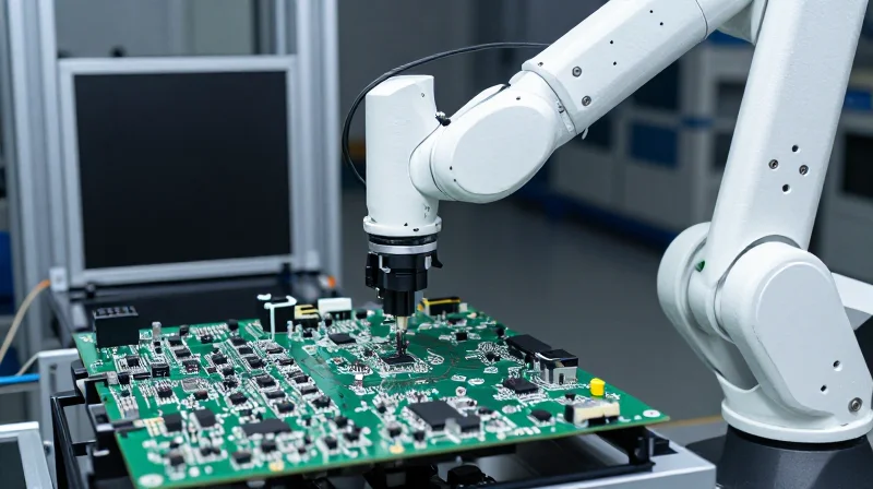 DFM Constraints for Automated Assembly Robotic arm placing components on a dense PCB during an automated assembly process.