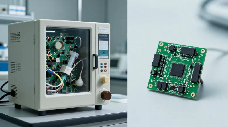 The Evolution of Medical PCB Requirements A visual representation of the evolution from large stationary medical hardware to compact, modern portable respiratory device components.