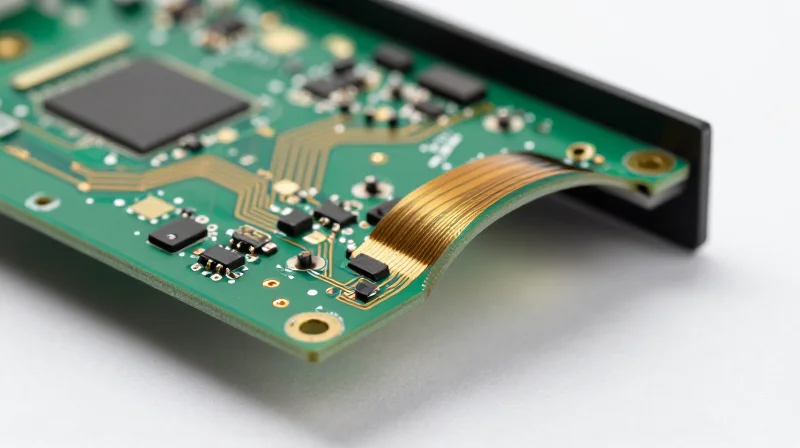 Flexible vs. Rigid-Flex PCBs: Space Optimization A close-up of a flexible printed circuit board bending to fit inside a small medical device housing.
