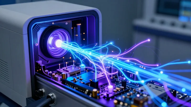 Understanding the High-Voltage Demands of Dental Imaging A glowing high-voltage electrical field surrounding a compact circuit board inside a medical dental imaging machine