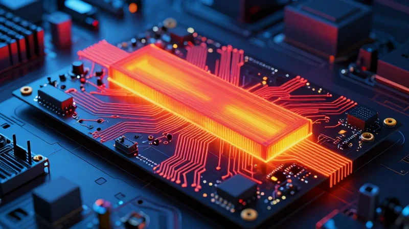 Advanced Thermal Management Strategies Heat dissipation visualization showing infrared-like gradients on a transformer and circuit board component cluster
