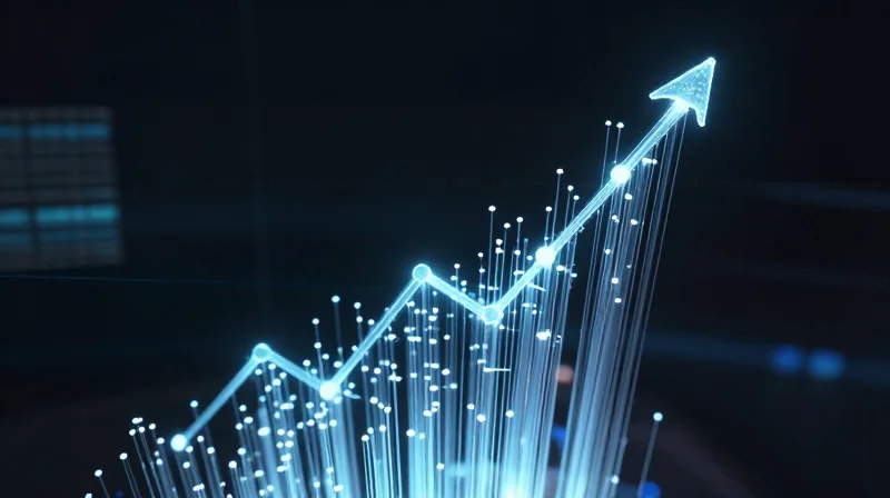 Case Study: ROI Analysis in a Large-Scale Dental Group Abstract digital visualization showing upward trending light trails and glowing connection nodes representing improved operational ROI.