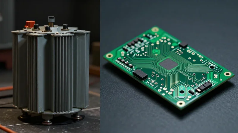 The Evolution of Dental Diagnostic Power Conceptual visualization showing the transition from heavy bulky transformers to sleek modern PCB power modules in dental equipment.