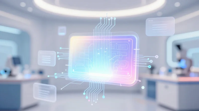 Future Outlook: The Integration of Smart Imaging Concept of AI and smart imaging hardware integrating into a sleek medical device.