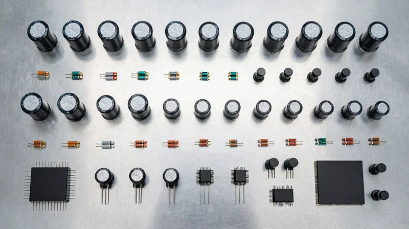 Supply Chain Transparency and Component Traceability Top-down view of meticulously organized high-precision electronic components for medical devices