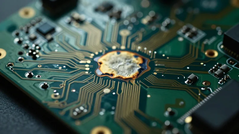 The Real Cost of PCB Failure in Medical Devices A close-up of a damaged circuit board component with a blurred medical infusion pump in the background