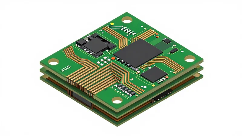 Close-up 3D visualization of a high-density interconnect PCB stack-up with laser-drilled microvias.