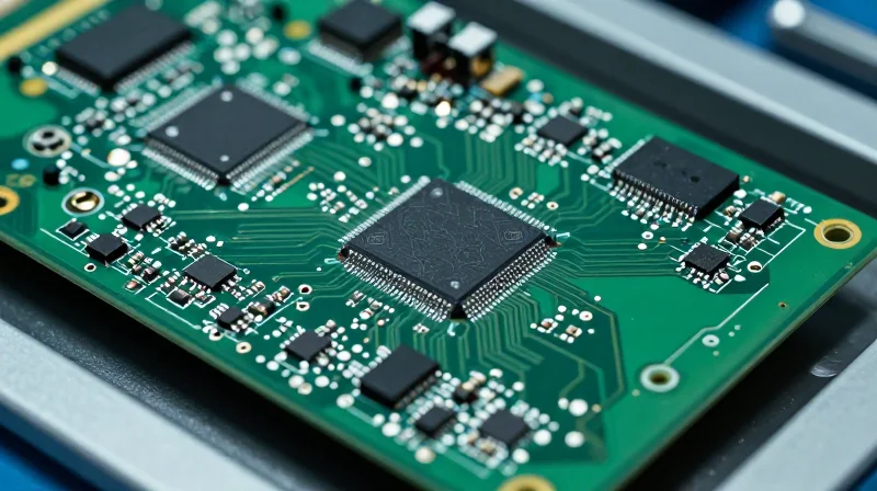 Professional shot of an automated PCB assembly line view focusing on component precision.