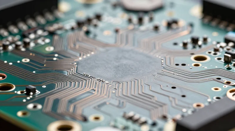 Material Selection for Longevity and Safety A close-up view of a high-performance circuit board surface showing intricate thermal relief patterns and advanced laminate material textures