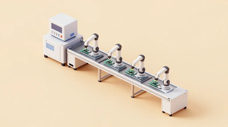 Optimizing Manufacturing Throughput and Yields An isometric view of a high-tech PCB manufacturing assembly line for medical devices.