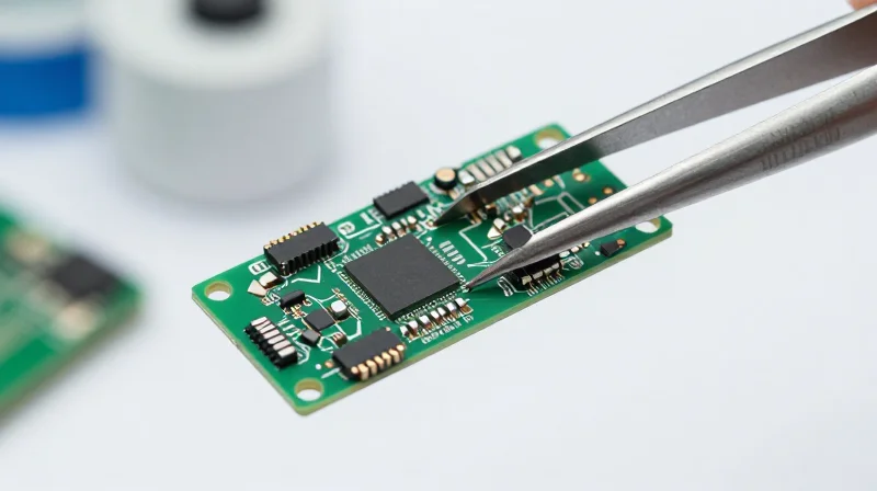 Partnering for Success in Medical Device Engineering A close-up of a high-reliability PCB held by professional manufacturing tools in a sterile environment.