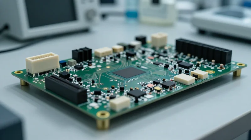 A professional medical device certification environment with an AED circuit board being inspected under studio lighting.