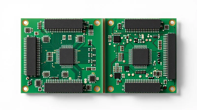 A top-down view of a PCB board with distinct sections for power and logic.