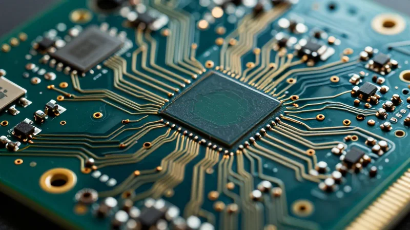 Miniaturization Through Advanced PCB Design Close-up macro shot of a complex high-density medical PCB with intricate micro-circuitry.