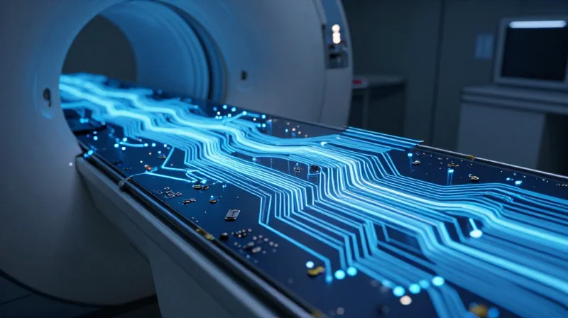 The Hidden Cost of Standard PCB Components in MRI Suites Conceptual visualization of magnetic field distortion caused by metallic components on a PCB in an MRI suite.