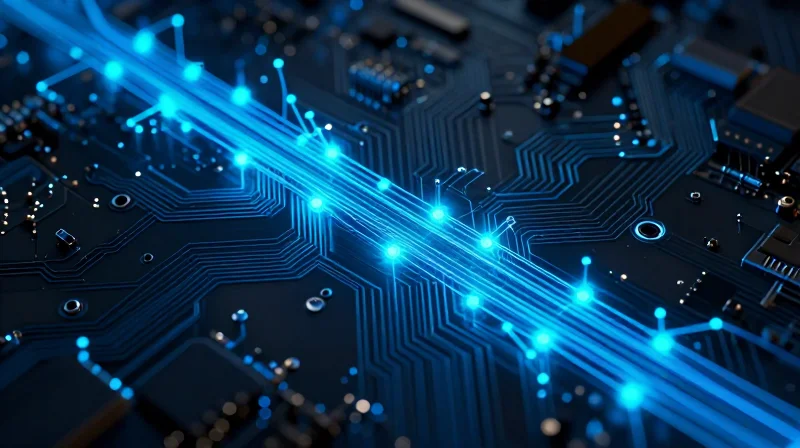 Prioritizing Signal Integrity in Ultra-Tight Geometries A technical conceptual visualization of data flow and electrical signal integrity within a miniature flexible circuit.