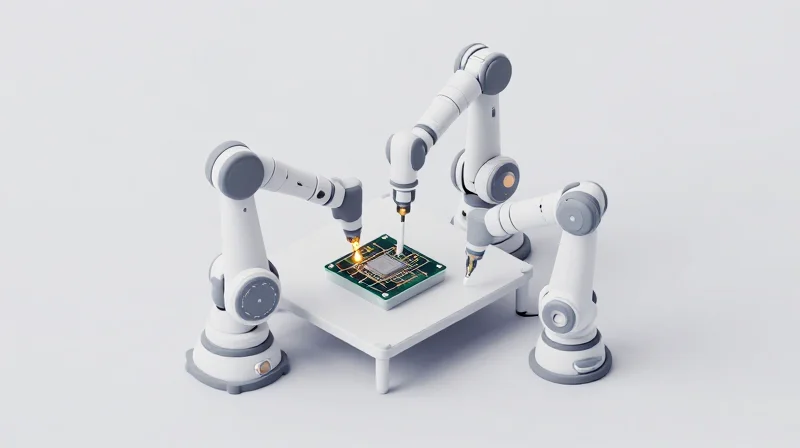 Manufacturing and Reliability Challenges An isometric 3D view of an automated assembly process for micro-electronics.