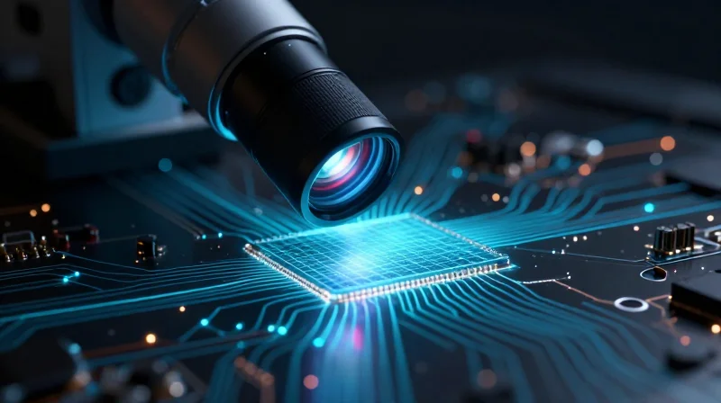 The ROI of Automated Optical Inspection (AOI) Integration Abstract representation of high-tech automated optical inspection technology
