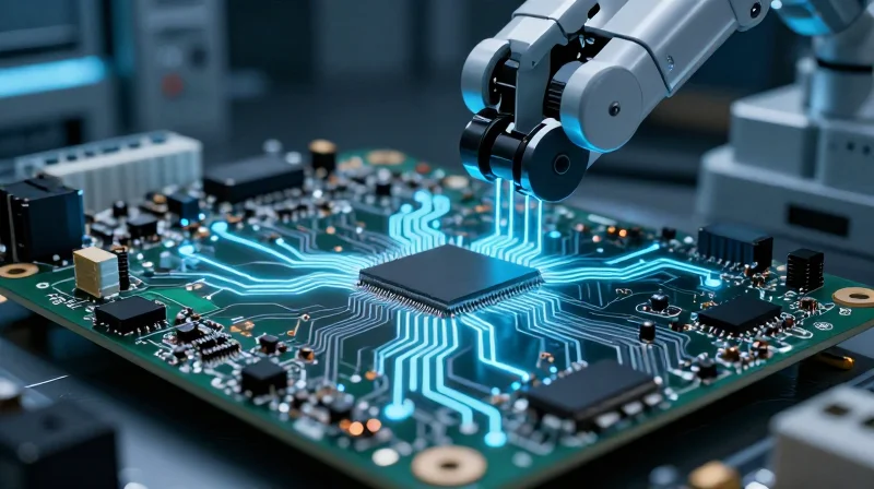 The Intersection of Precision Engineering and Patient Safety A close-up of a complex medical robot motherboard with intricate circuitry and precision components, conveying high-tech engineering and patient care reliability.
