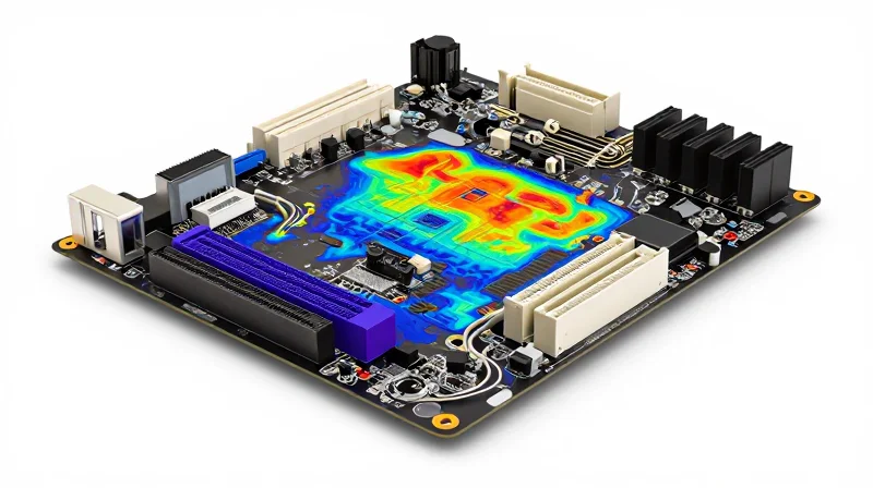 Advanced Thermal Management Strategies for 24/7 Uptime A thermal imaging view of a complex circuit board, highlighting heat dissipation and cooling efficiency.