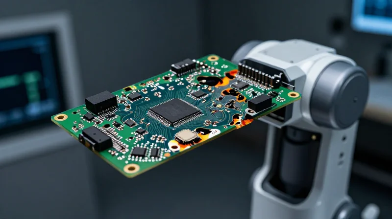 The Hidden Costs of PCB Failure in Clinical Settings A close-up of a damaged, burnt printed circuit board inside a modern medical robotic component.