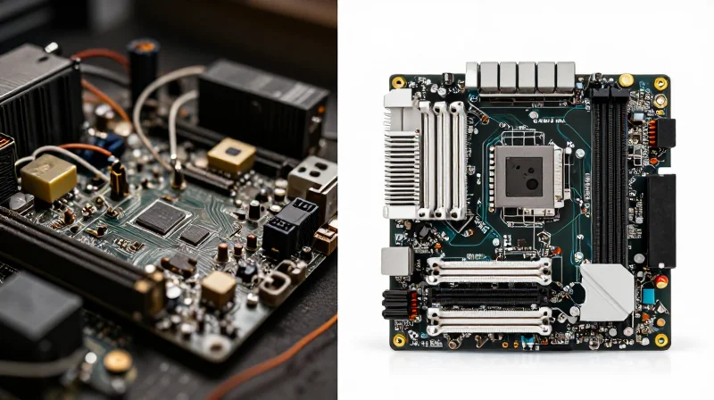 Comparative Analysis: Legacy vs. Modern Integrated Systems A split-screen comparison showing a bulky, tangled traditional embedded system on the left and a sleek, compact integrated motherboard on the right