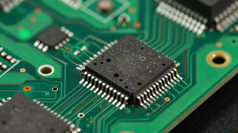The Limitations of Legacy Silicon MOSFETs A close-up of a traditional silicon electronic component on a printed circuit board