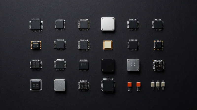 Strategic Component Sourcing for Scalability A flat lay of various electronic components, sensors, and microchips organized neatly on a dark professional workspace.