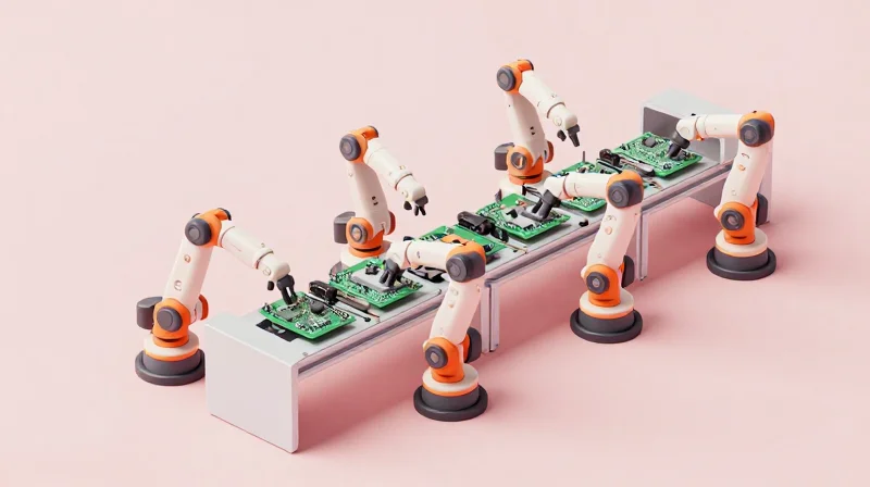 Design for Manufacturing (DFM) as a Financial Lever A 3D isometric visualization of a modular electronic assembly line with connected components.