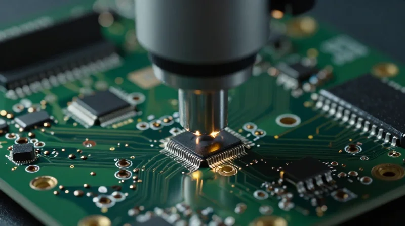 Quality Assurance: The True Cost of Avoiding Defects A macro shot of a high-tech printed circuit board inspection with glowing sensor overlays.