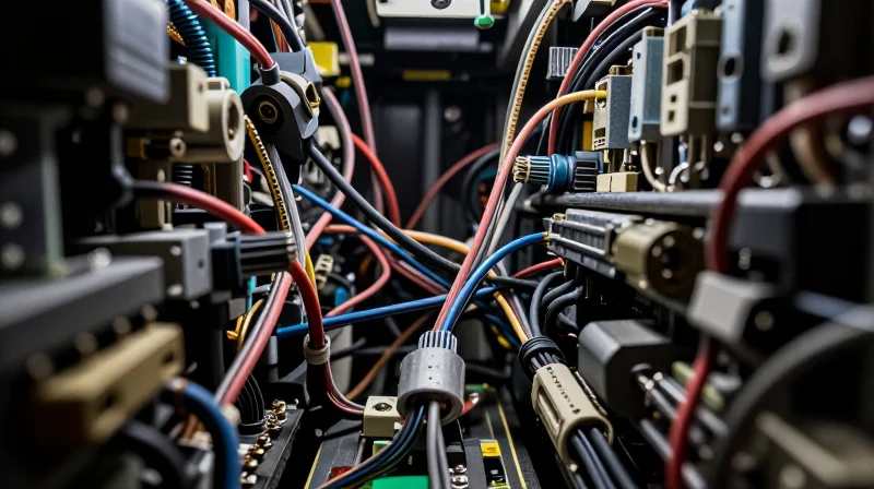 Understanding the True Cost of Traditional PCB Interconnects A close-up of a messy electronic assembly with tangled cables and mechanical connectors