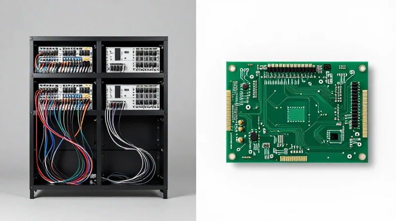 Slash Assembly Labor through Design Consolidation Comparison showing a complex multi-board system vs a single streamlined rigid-flex unit
