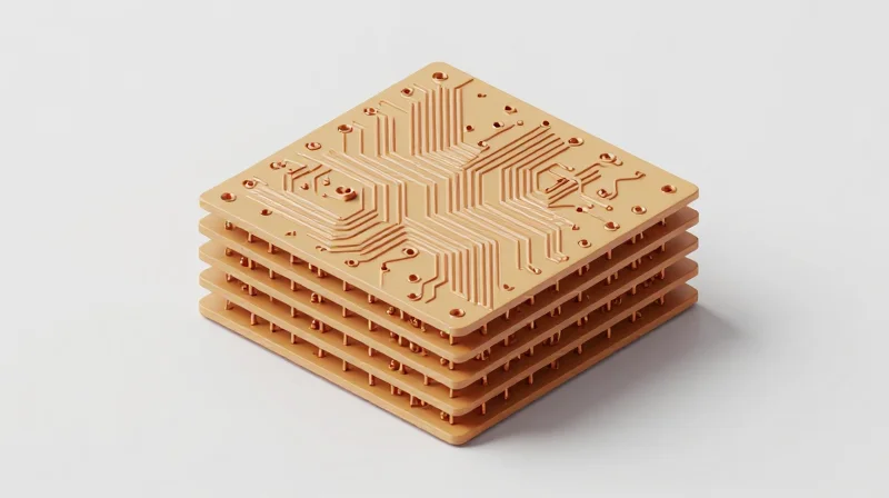 3D visualization of laser-drilled micro-via structures in a multilayer PCB.