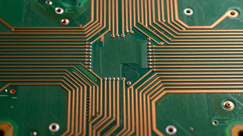 Close-up of precise PCB trace patterns designed for impedance control.