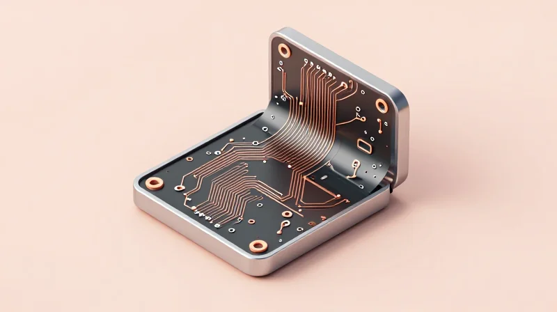 Rigid-Flex Circuits: The Structural Backbone of Headsets A close-up 3D render of a flexible circuit board bending around internal hardware components.