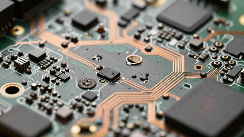 Substrate-Like PCB (SLP) Technology Explained A macro shot of a highly complex, dense circuit board substrate with intricate metallic pathways.