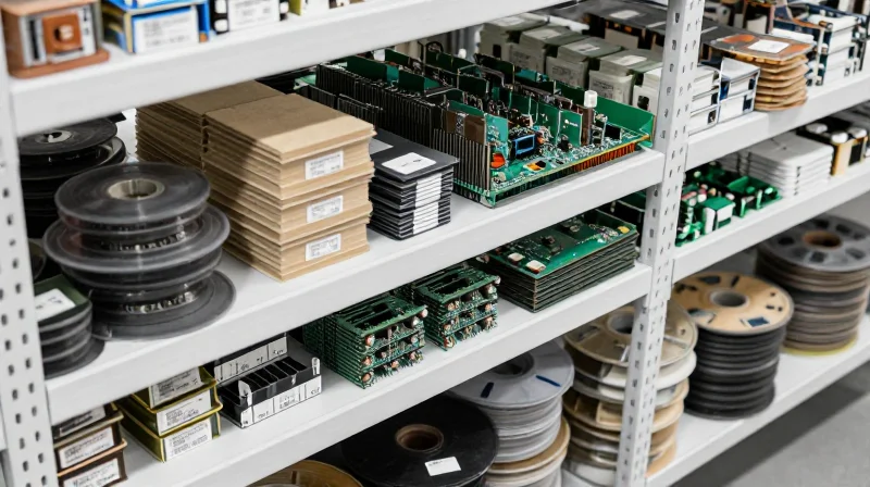Component Sourcing and Supply Chain Resilience Organized warehouse shelves with electronic components and inventory