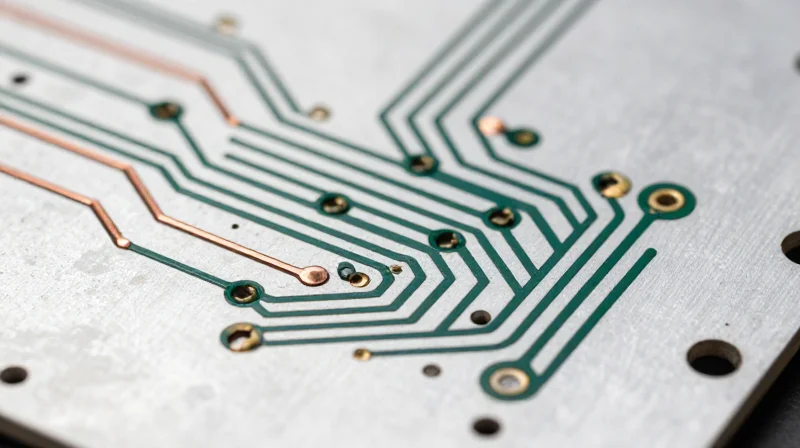 Advanced Trace Geometry for High-Current Density Top view of high current traces on an aluminum substrate showing varied copper widths