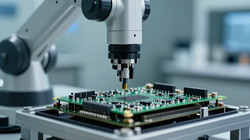 Assessing Technical Capabilities and Advanced Manufacturing A futuristic representation of precision PCB assembly, showcasing robotic components in a sterile, high-tech manufacturing environment.