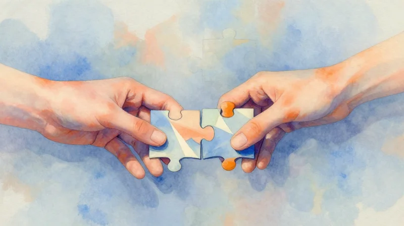 Cultural Alignment and Communication Frameworks Conceptual art illustrating two hands connecting geometric shapes, symbolizing cultural and technical alignment.
