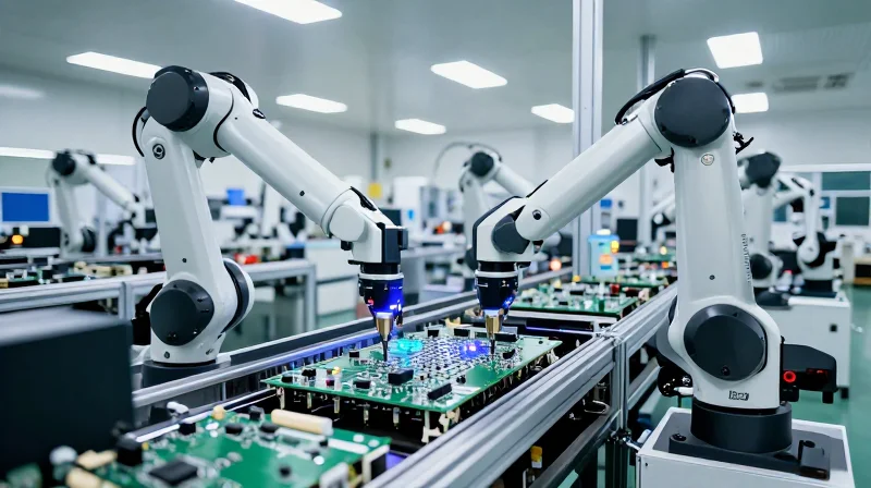 Reducing Unit Costs Through Advanced Assembly Automation An automated industrial assembly line with robotic arms performing precision placement on circuit boards.