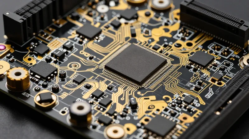 Anatomy of a Modern Robotic Motherboard A high-tech, dense printed circuit board for a robot with visible AI chipsets and metallic components.