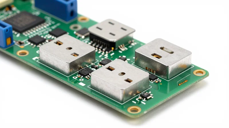 Detailed view of metal EMI shielding cans placed over sensitive electronic components on a PCB.